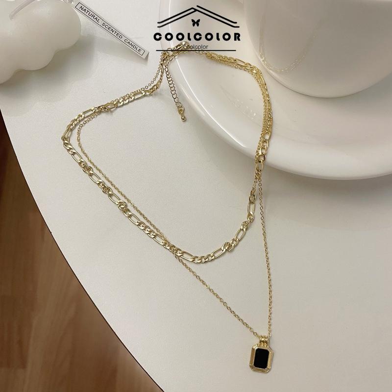 COD❤️ Kalung Temperamen Sederhana Rantai Klavikula Kalung Berlapis Ganda Hitam  Aksesoris Wanita Fashion Mewah Korea