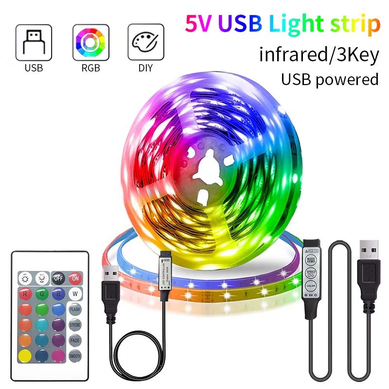 PAKET LAMPU TIDUR LED STRIP RGB SMD 5050 USB 5V HIASAN KAMAR 1M 2M 3M 4M 5M AESTETIC REMOTE 24 TOMBOL TEMPEL DINDING DISCO LID  WARNA WARNI AULIASANTY  NATAL AQUARIUM TOMBOL CEWEK COWOK GAMERS MEJA BLUETOOTH PLAFON CEILING