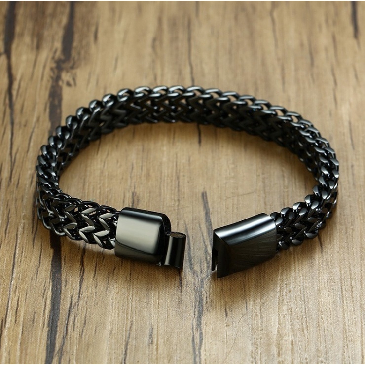 Gelang Tangan Strap Rantai Ganda Bahan Stainless Steel Warna Hitam / Silver Ukuran 8.5mm untuk Pria