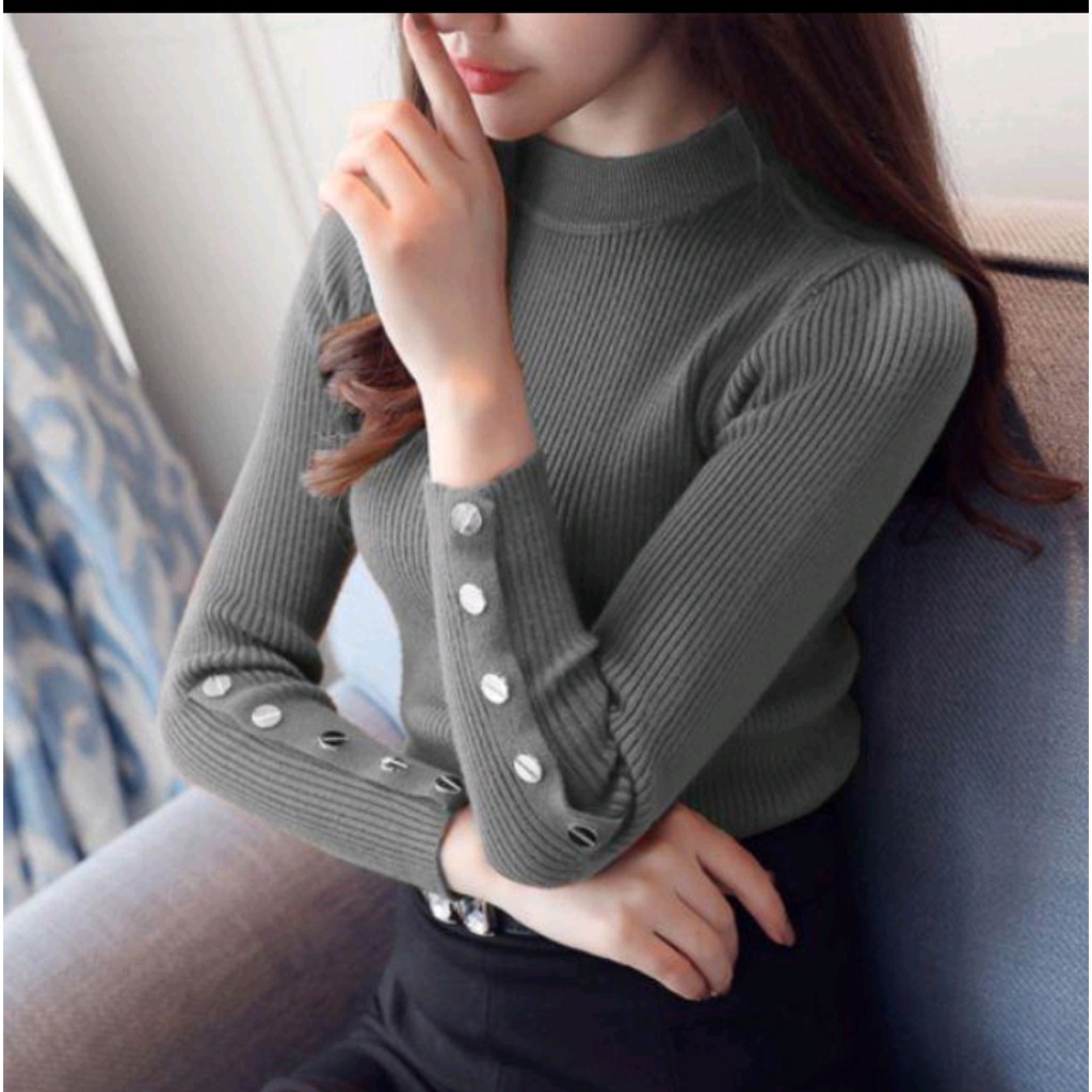 OZ BUTTON KNIT / Atasan rajut wanita turtle neck