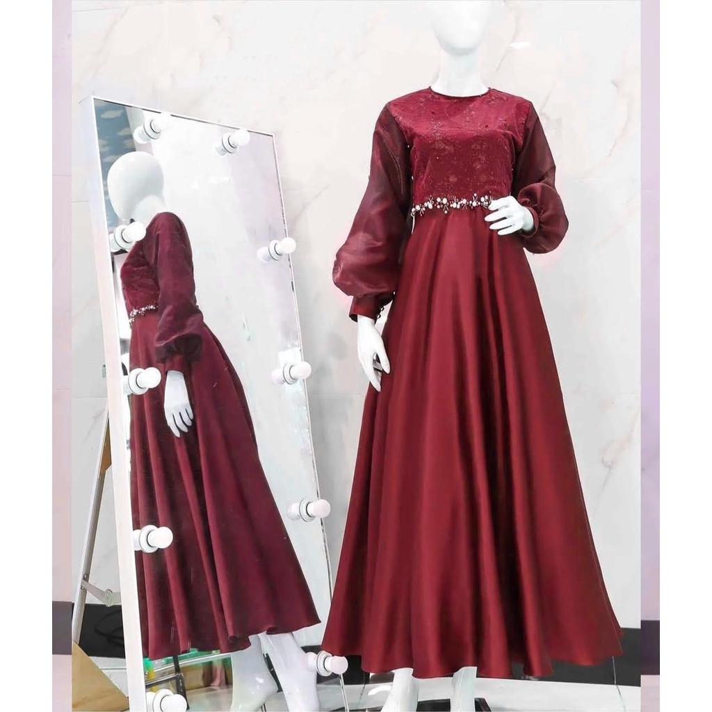 ELDE 12 -  TSANIA DRESS BRUKAT (L - XL - XXL) BAHAN TILE MUTIARA LAPIS FURING KOMBI BAWAH ROBERTO BAGIAN LENGAN ORGANZA LAPIS FURING PINGGANG MUTIARA TEMBAK MODEL SLETING BELAKANG, TALI OBI KIRI DAN KANAN