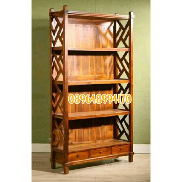 Rak buku minimalis kayu jati finishing