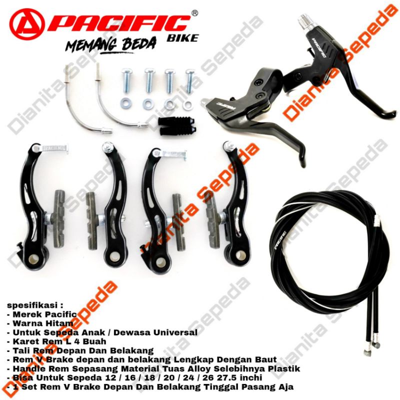 Rem Sepeda V Brake Lipat MTB BMX 1 Set Pacific Handle Rem Tuas Alloy Tali Rem Depan Belakang