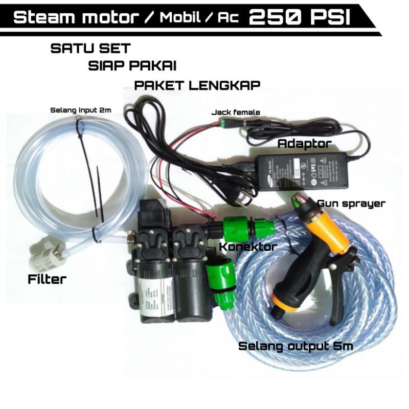 MESIN POMPA DC 12V 250 PSI /ALAT CUCI STIM STEAM MOTOR MOBIL AC LENGKAP/POMPA AIR DC TEKANAN TINGGU