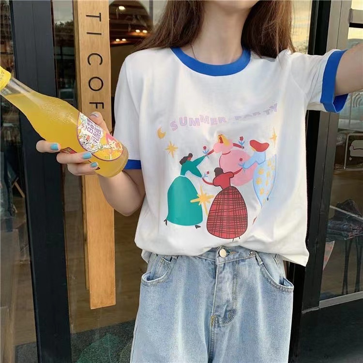 yikoo-Kaos wanita korea t shirt colorblock gaya atasan print katun