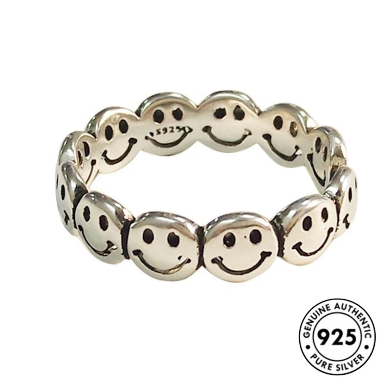 Cincin Sterling Silver 925 Motif Smiley Face Gaya Hip Hop Untuk Pasangan