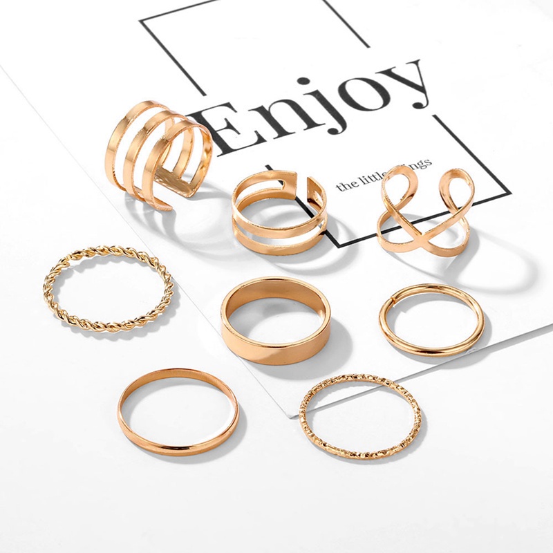 Fancyqube 8pcs / Set Cincin Geometris Bahan Alloy Warna Gold Ailver Untuk Wanita