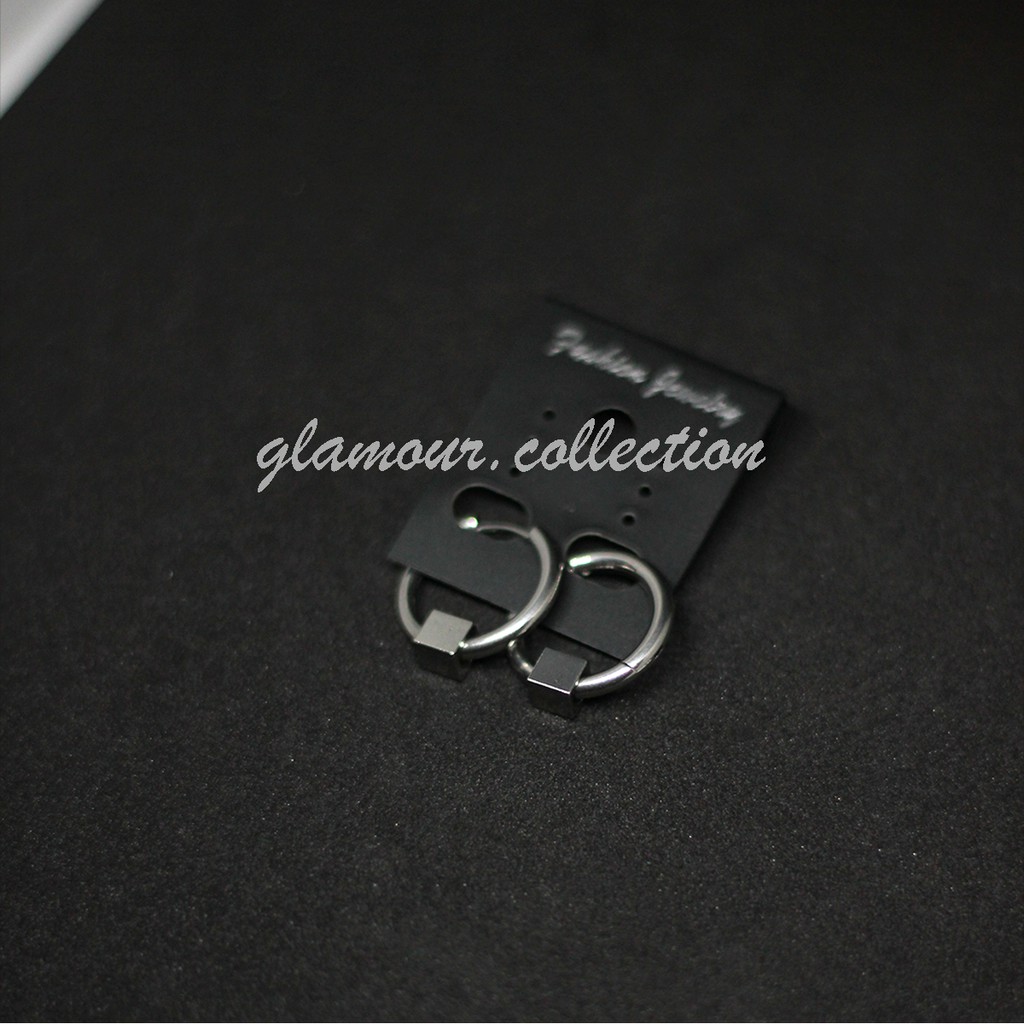 Anting Tindik Telinga Pria Titanium Model Bulat/Ring Bandul Kotak Ala Kpop Punk SILVER 14mm