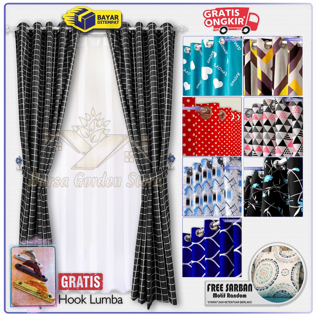 Gorden Katun Motif Kotak Smokring Hordeng Jendela Minimalis Tirai Ruang Tamu Pendek Korden Pintu Aes