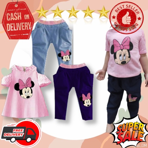 VISION ONLINE-ST STRIPY MINNIE PINKY// SATU SETELAN BAJU DAN CELANA DENIM ANAK PEREMPUAN 1 2 3 4 THN