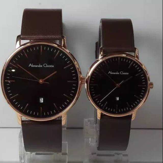 JAM TANGAN COUPLE ALEXANDRE CHRISTIE AC 8420 ROSE GOLD BLACK LEATHER BROWN ORIGINAL