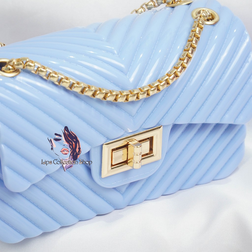 Tas Jelly Glossy Motif Salur Size 18 Cm Rantai Gold