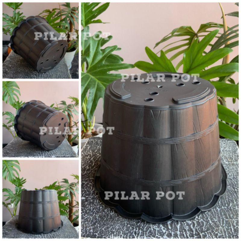 Pot bunga tanaman motif kayu warna hitam 25cm