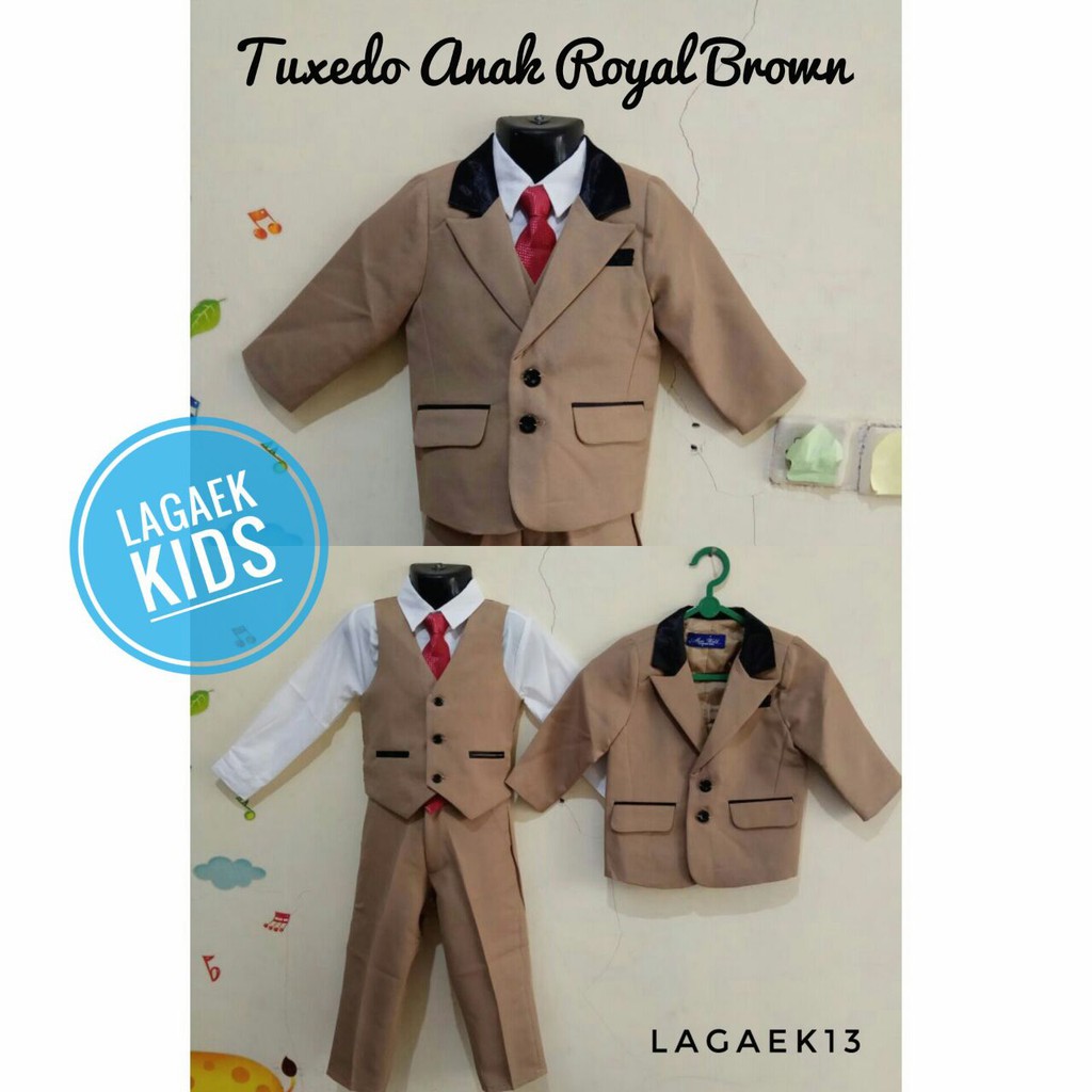 Setelan Jas Anak Laki Premium Usia 1 2 3 5 6 7 8 9 10 COKLAT - Jas Anak Cowok 8in1 Dasi Panjang Tuxedo Coklat Gold