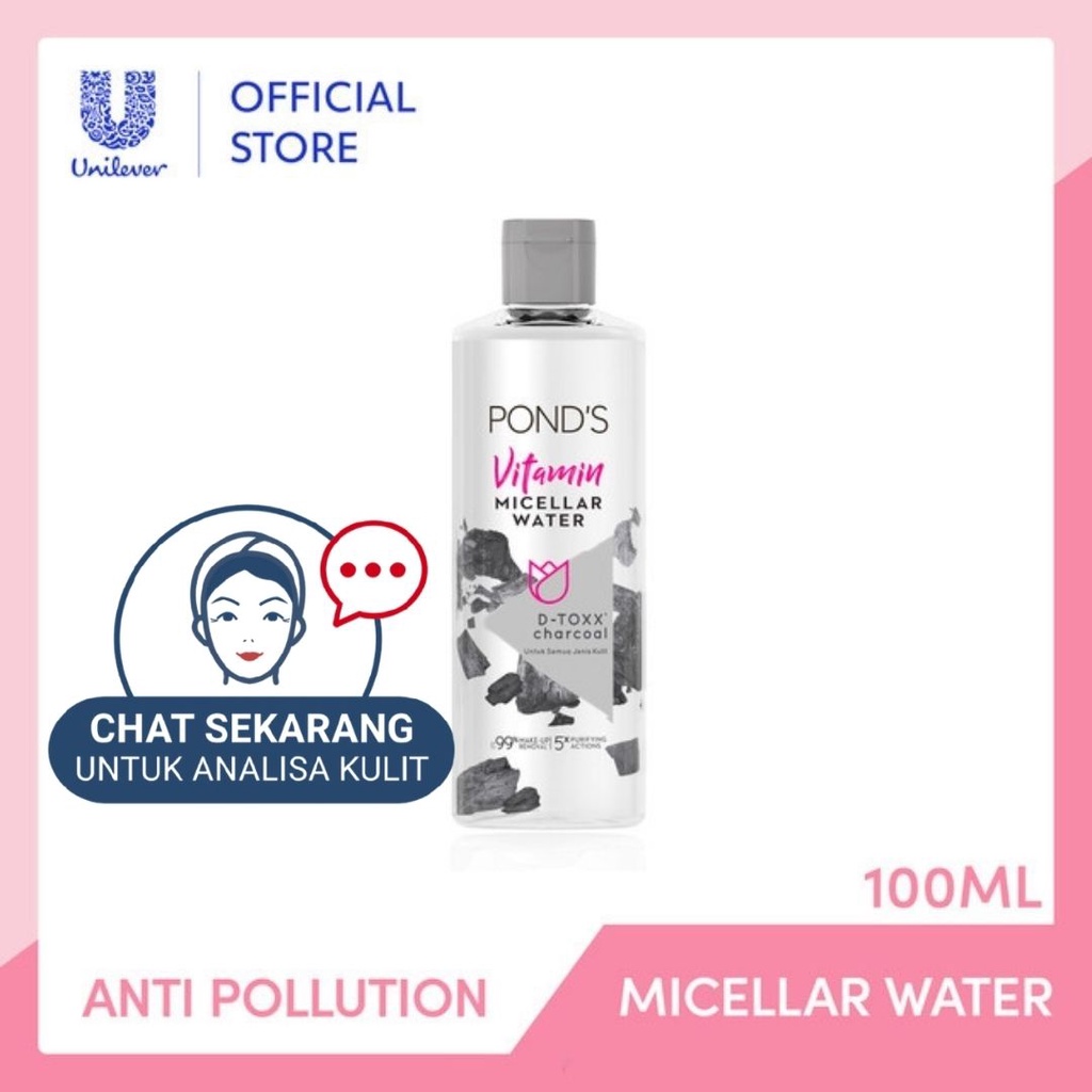 POND'S Micellar Water untuk Kulit Berjerawat dan Berminyak, Vitamin &amp; Charcoal 100 ml