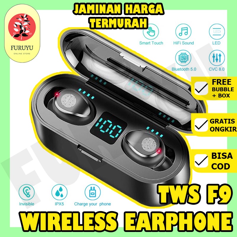 Earphone Earpod Headset Bluetooth TWS F9 Waterproof Anti Air True Wireless Headset Sport LED Display Baru