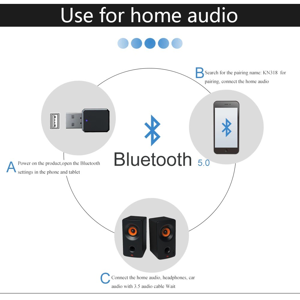 USB Bluetooth 5.1 Receiver Audio Adapter - KN318 - Black