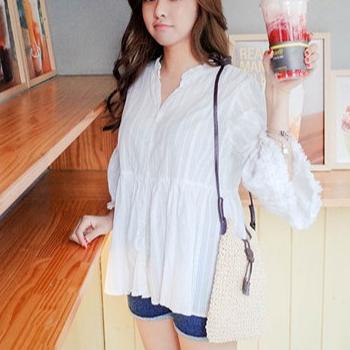 ➷ Gaya Korea V-neck kemeja katun dan linen wanita blus lengan panjang kasual longgar putih terompet 