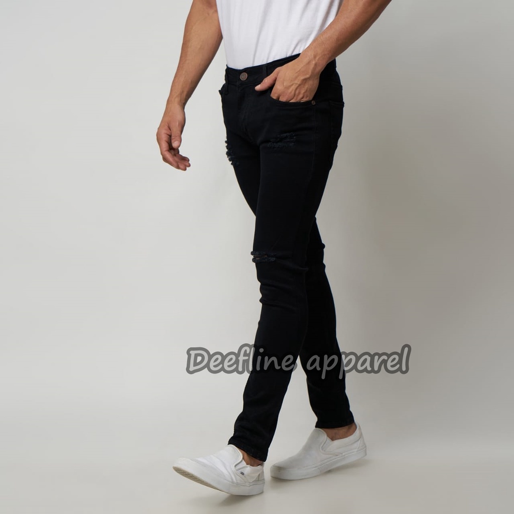 Deefline - Celana Jeans Pria Skinny Slimfit  Ripped Jeans HITAM