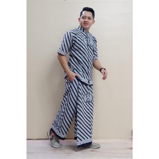 Baju Muslim Pria Setelan Celana Sarung Batik Lengan Panjang Pendek Kemeja Cowok Modern Motif Prang P