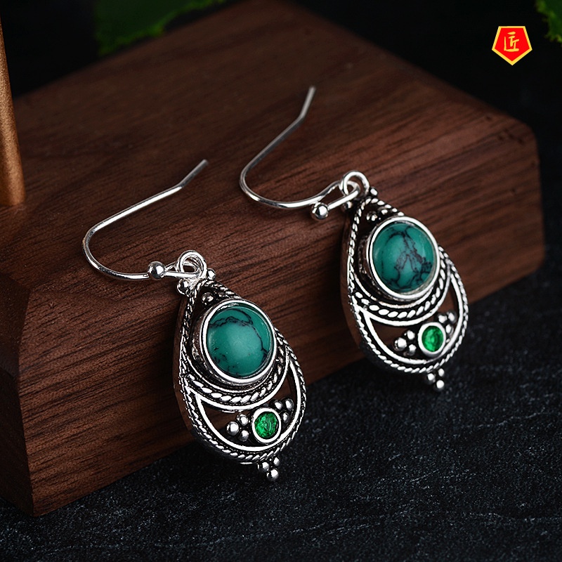 [Ready Stock]Silver Retro Fashion Turquoise Earrings