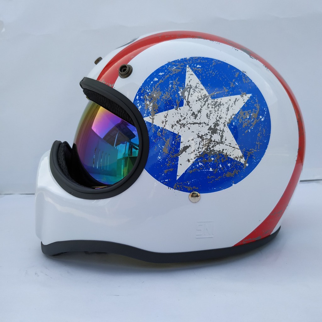 Helm Cakil HBC Captain America White + Inner Visor ( Fullface / Retro / Klasik / Vespa )