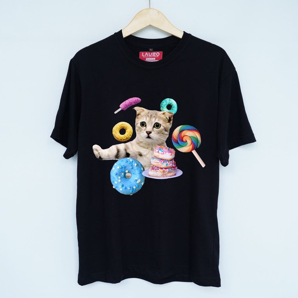 Kaos kucing dan donat - Black T-shirt
