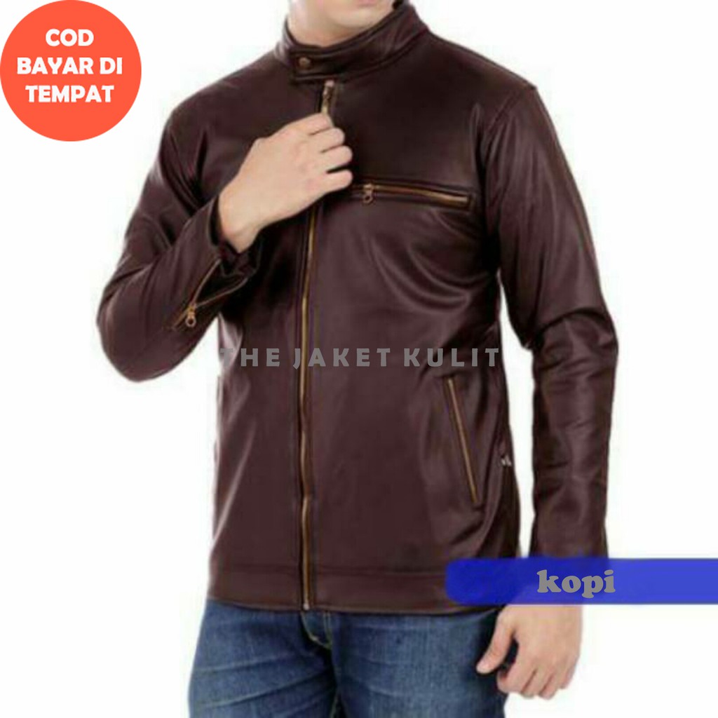 JAKET SEMI  KULIT SINTETIS PU LEATHER PRIA WARNA COKLAT KOPI
