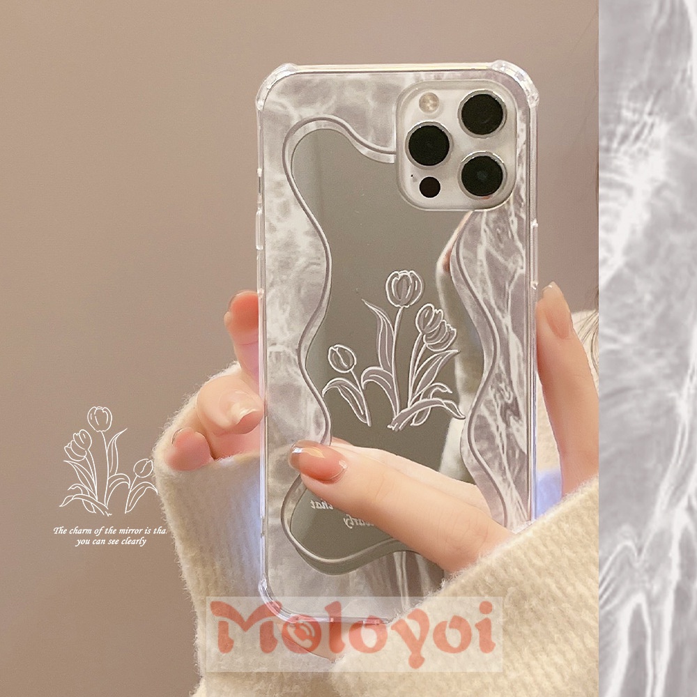 Soft Case TPU Transparan Motif Bunga + Daun + Cermin Makeup Untuk IPhone 13 12 11 Pro Max XR X 7 8 Plus XS Max SE 2020