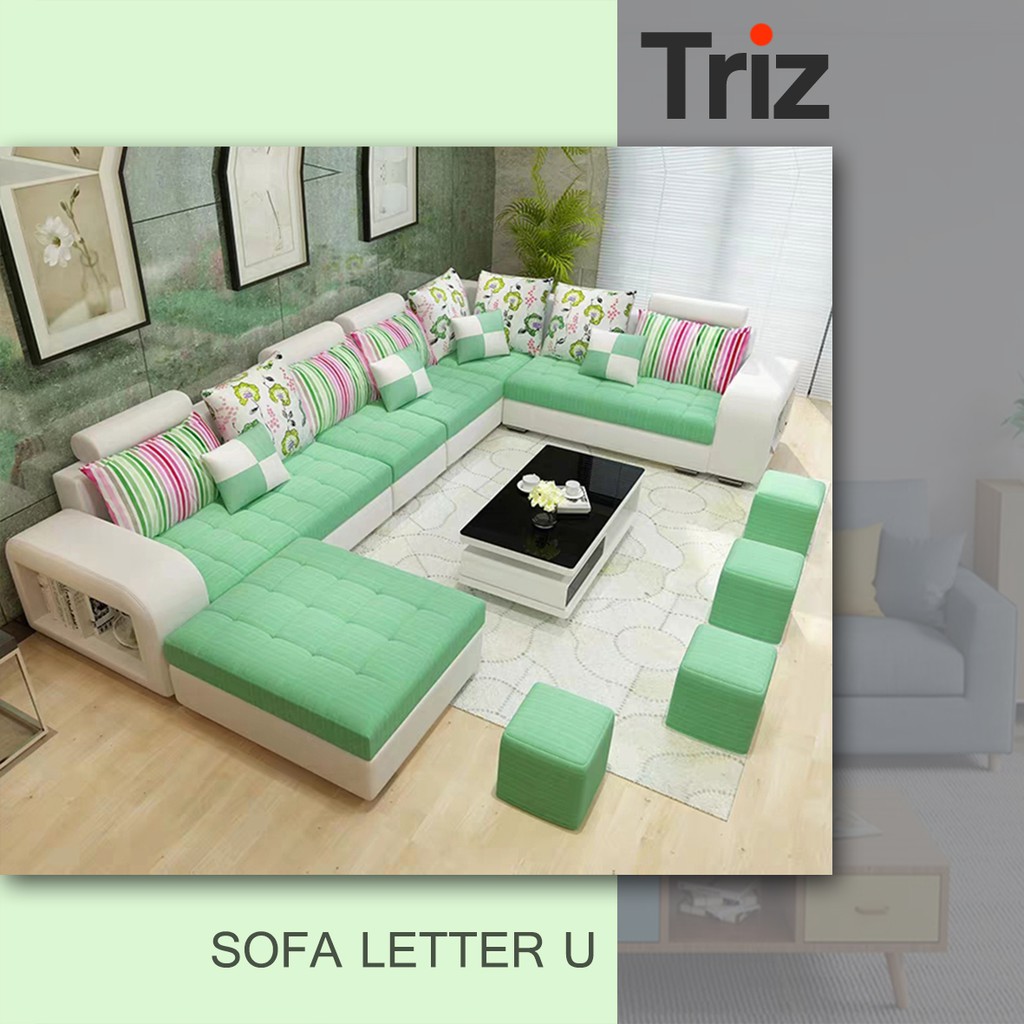 sofa letter u 7 seater furniture minimalis warna hijau cream bonus meja minimalis [Triz Furniture]