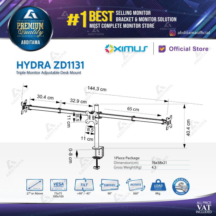 BRACKET TV LCD MONITOR 27&quot;-32&quot; OXIMUS HYDRA ZD1131 TILT SWIVEL ROTATE