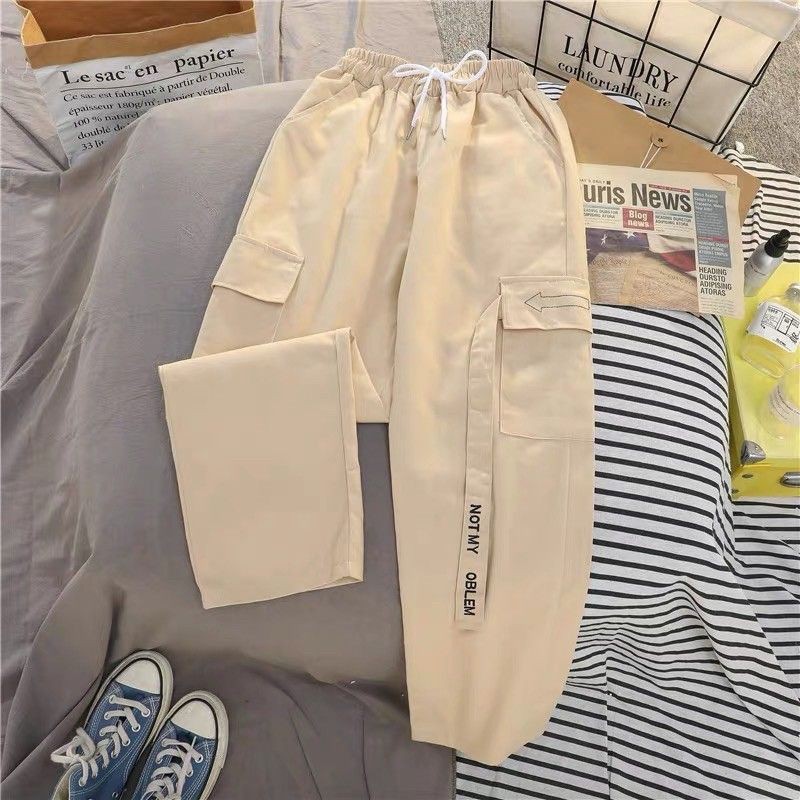 Celana Panjang Wanita Yungi Street Pants Harajuku Bahan American Dril Pakaian Cewe Kekinian Bawahan Santai Sporty Kasual Remaja Cewe Murah Modern Remaja Dewasa Terbaru-Cream