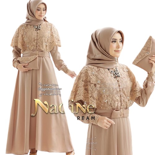 GAMIS BRUKAT NADINE KOMBINASI MOSCREPE / Gamis brokat busui/bumil muslimah wearr masa kini terbaru-CREAM