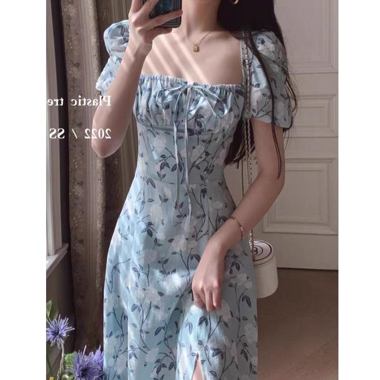 LADYSHOP [COD] D242 summer new French retro waist slim temperament niche design floral square neck dress trendy