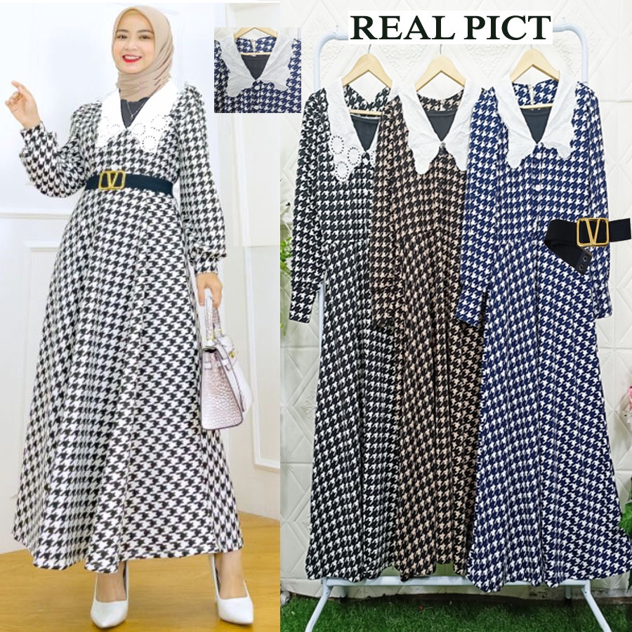 CARLINA Gamis Naria Herlin Houndstooth Maxy Dress Wanita Free Belt
