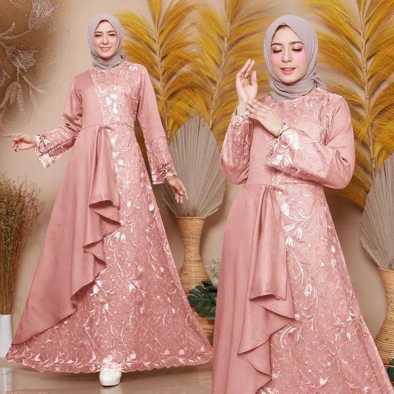[COD] JUMBO Mafaza Dress Gamis Brukat Wanita Modern Ukuran M-XXL Bahan Moscrepe mix Brokat / Gamis W