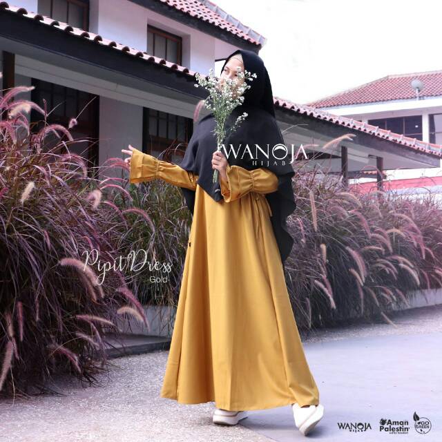 PIPIT DRESS GOLD WANOJA HIJAB - GAMIS SYARI BRANDED TERBARU TOYOBO SILK POLOS ADEM NYAMAN BUSUI