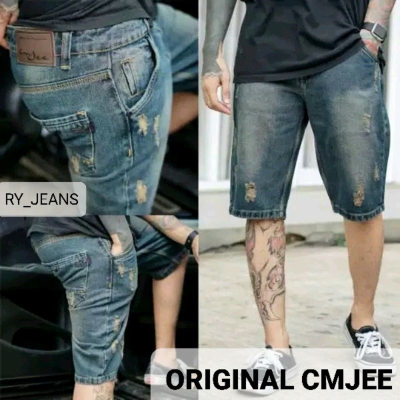 Celana jeans pendek pria jeans sobek cmj ripped jeans pendek sobek jumbo