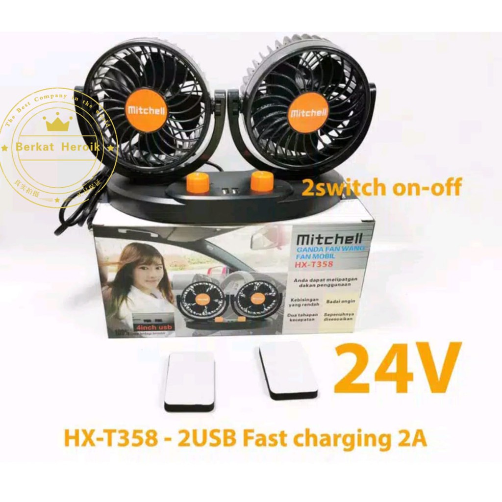 MITCHELL HX-T358 24 V DC 2USB 2A + ON-OFF swing kipas mobil double fan