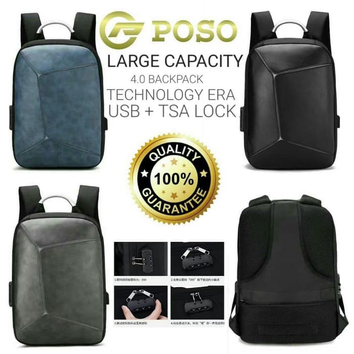 Tas Ransel POSO Backpack Anti Maling USB Port Charger TSA lock PS 3232