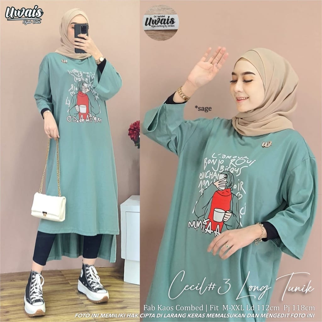 Pakaian Wanita Terbaru Cecil Long Tunik Matt Combed Aplikasi Sablon Baju Kaos Wanita Jumbo Midi Dress Muslim Tunik Panjang