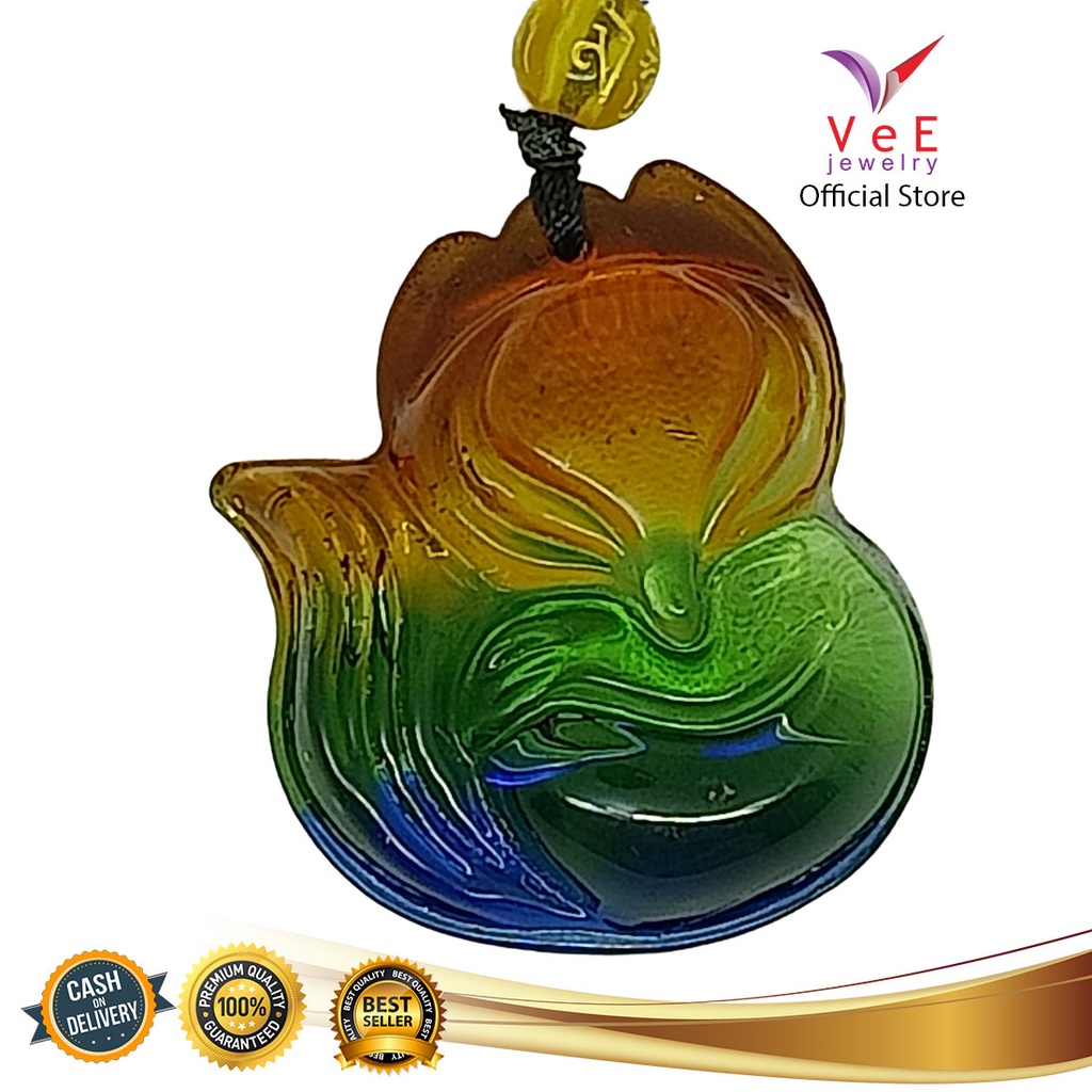 Kalung Liontin Batu Giok Quartz Asli Cina Ukiran Rubah - VeE Feng Shui Wanita Pria