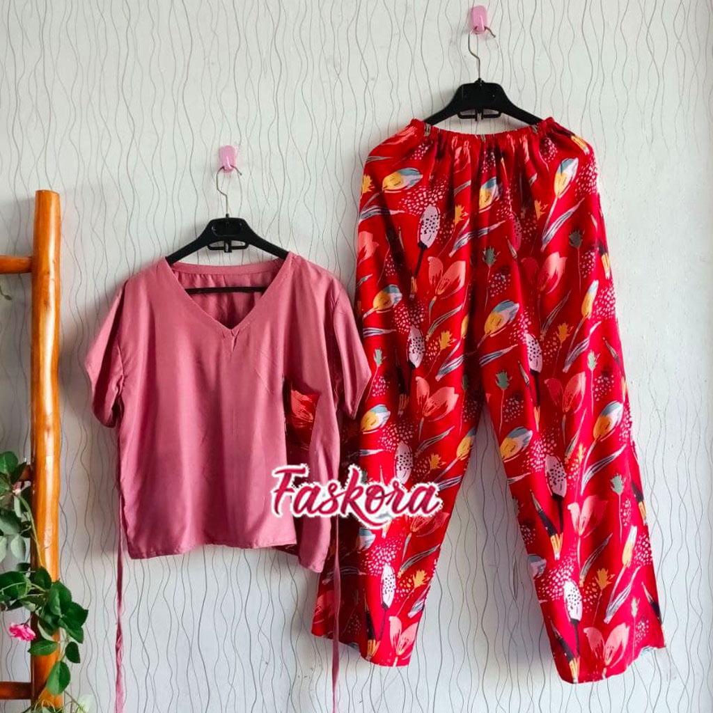 Set Wanita Kekinian Jumbo Murah Piyama Rayon Premium Lengan Pendek Baju Tidur Wanita Dewasa Tulip