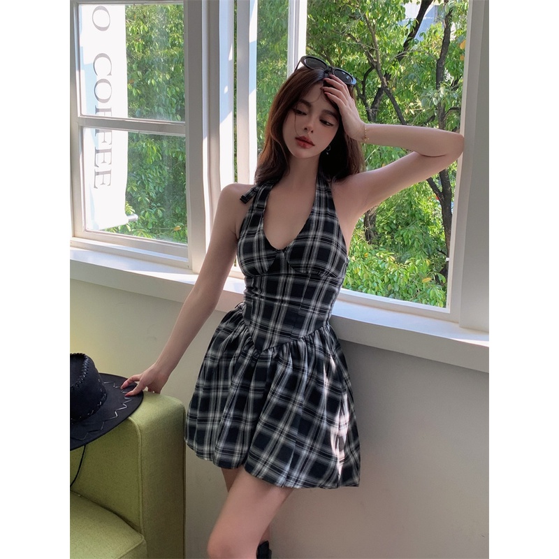 Mini Dress Murni Desire Retro Plaid V-Neck Halter Dress Wanita Musim Panas Bahasa Perancis Terbuka K