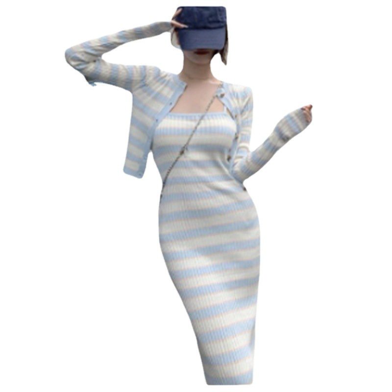 #Sisjuly# Wanita Striped Knit Sling Dress Wanita Slim Midi Dress Dua Potong Wanita