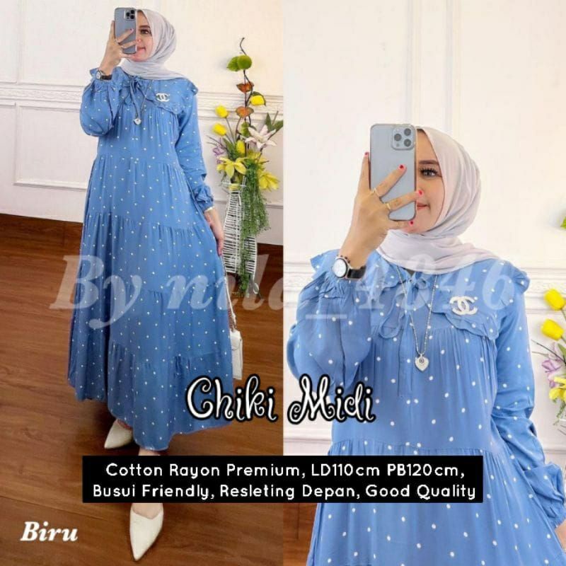 Gamis Midi Dress Muslim Rayon Motif Polkadot Busui