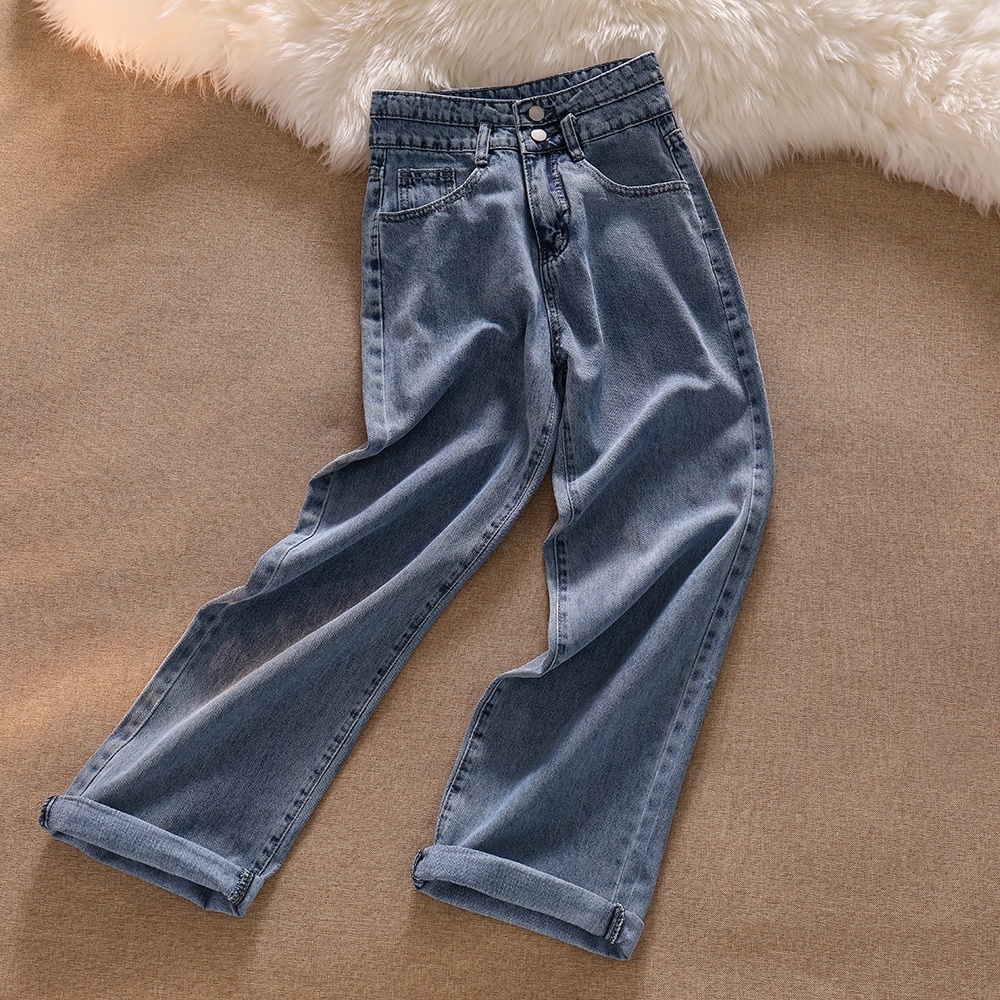 Korean Style Celana Jeans Wanita/High Waist Loose Straight Biru Jeans