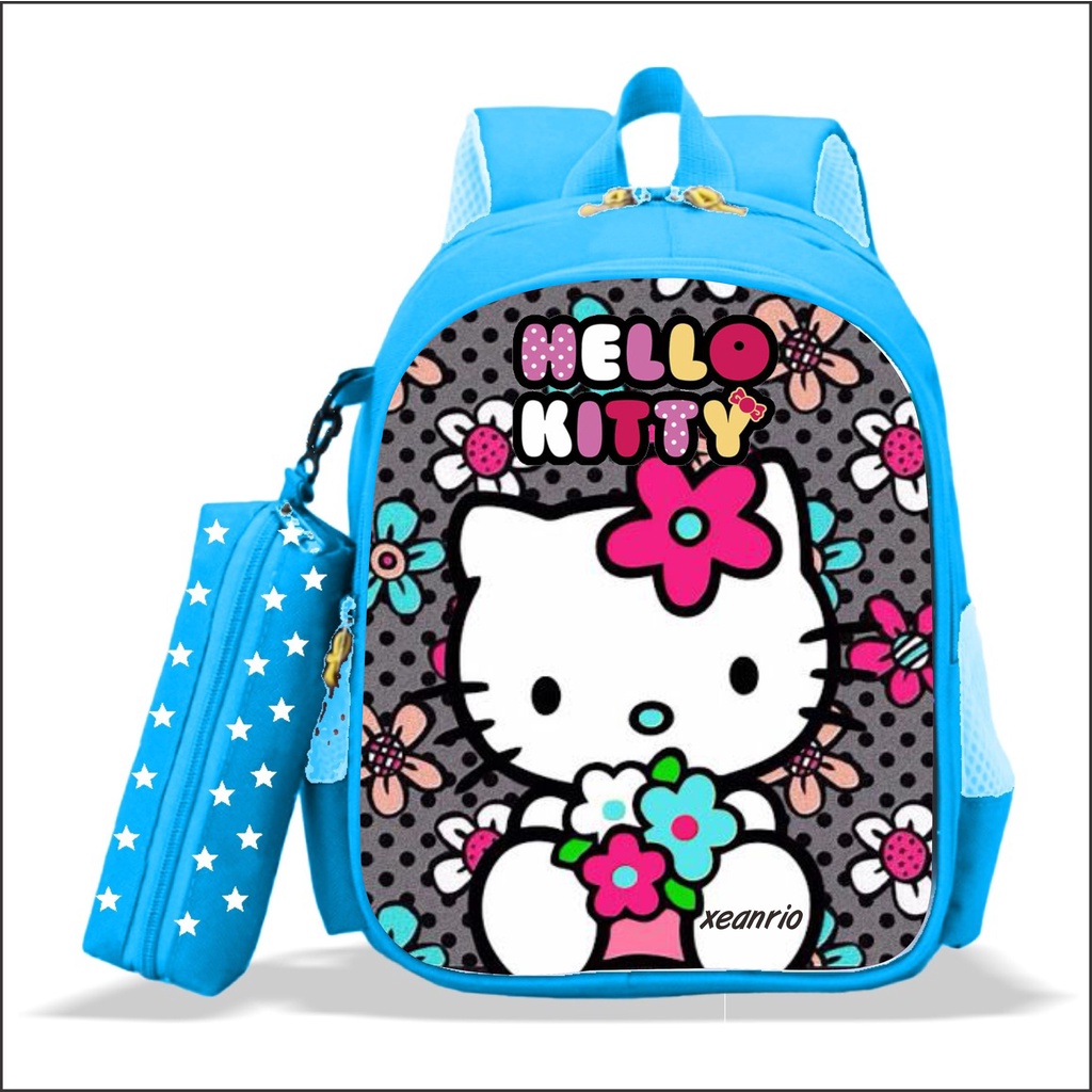 Tas Ransel Sekolah Anak Perempuan TK dan SD PREMIUM Karakter HELLO KITTY Flower 2in1 Bonus Tempat Pensil Terbaru 2022 Bisa COD