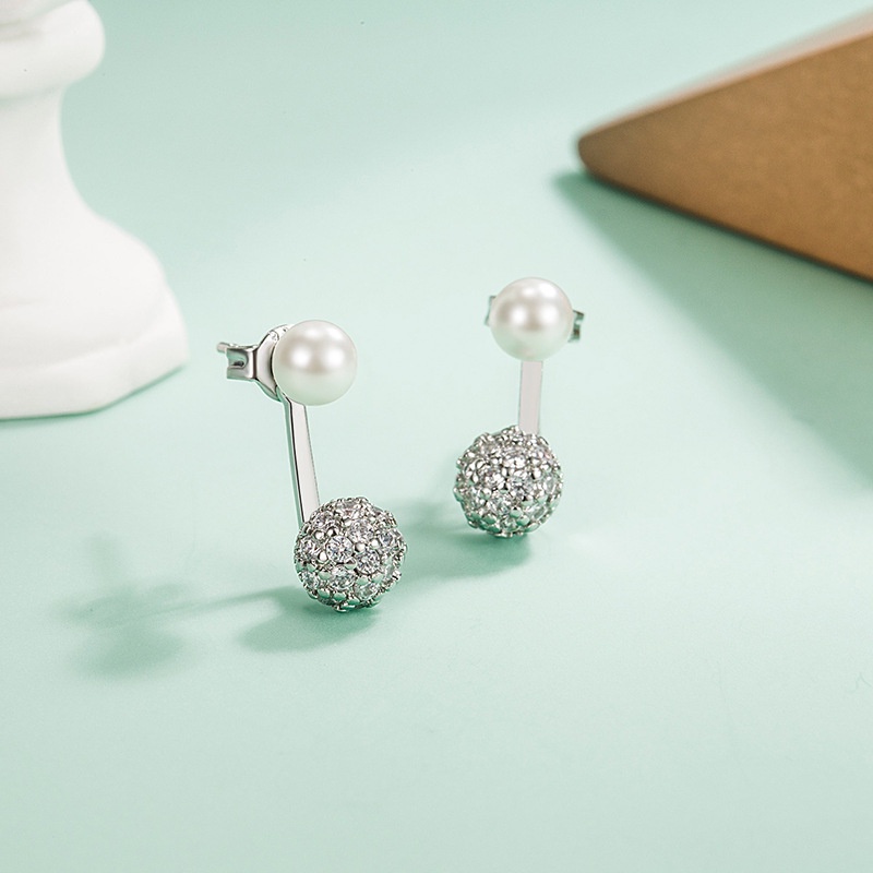 Anting Tusuk Sterling Silver 925 Desain Bulat Hias Mutiara + Berlian Imitasi Untuk Wanita