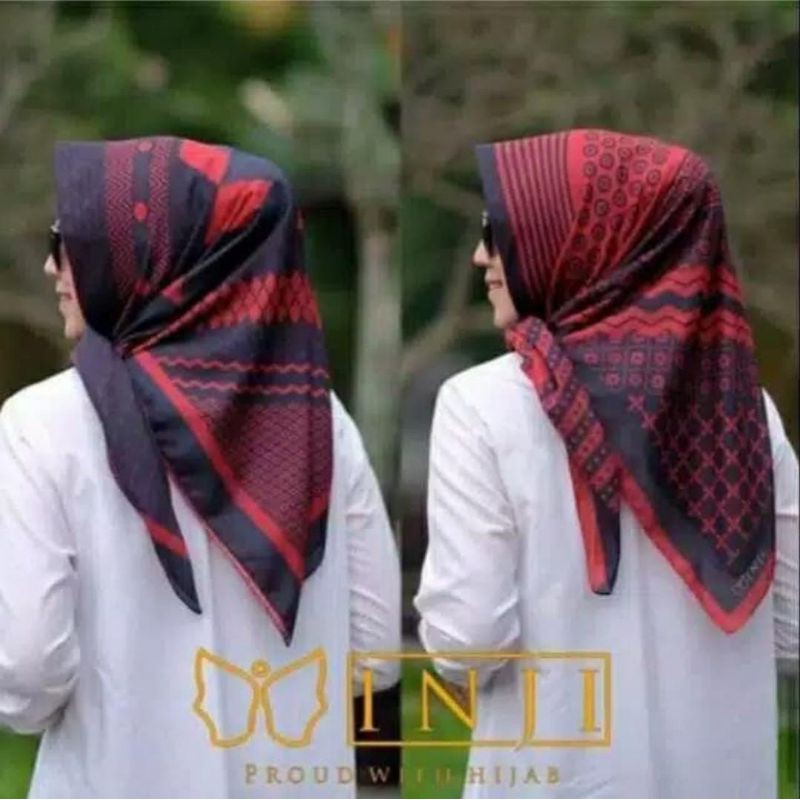 Terbaru !! Hijab Segiempat Voal Motif Inji Merah Kerudung Segiempat Motif